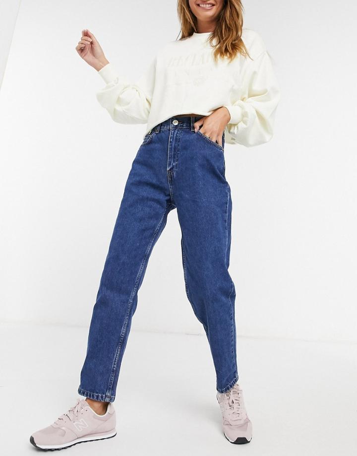 Pull & Bear High Waist Mom Jean In Medium Blue-blues