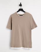 Pull & Bear T-shirt With Double Neck In Beige-neutral