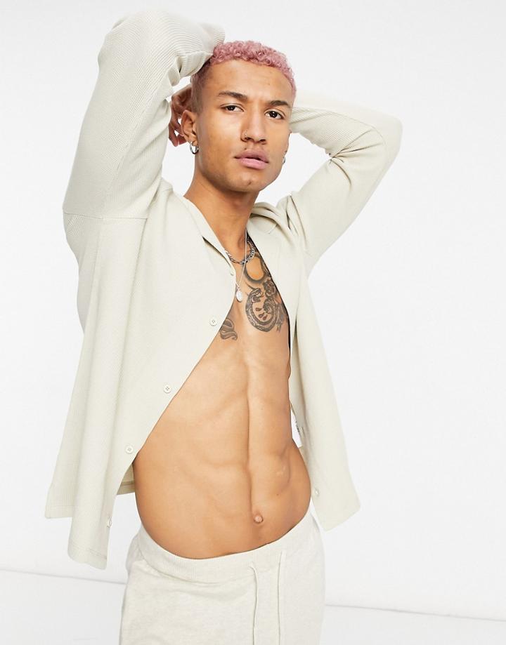 Asos Design Relaxed Long Sleeve Revere Collar Waffle Shirt In Beige-neutral