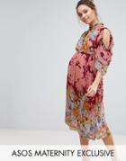 Asos Maternity Floral Print Cold Shoulder Midi Dress With Ruffles - Multi