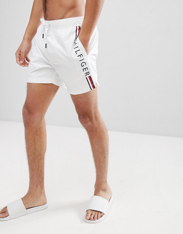 Tommy Hilfiger Short Drawstring Side Stripe Logo Swim Shorts In White - White