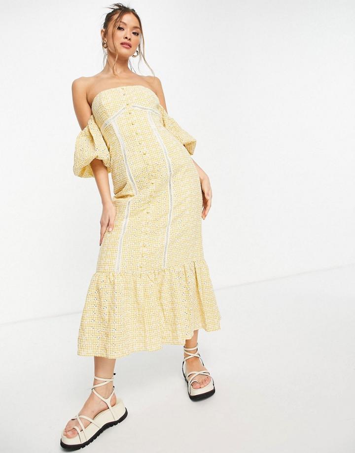 Asos Design Off Shoulder Button Through Midi Dress In Yellow Gingham Eyelet-multi