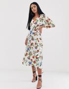 Asos Design Midi Dress With Ruched Panel In Graphic Floral Print-multi