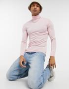 Asos Design Muscle Fit Merino Wool Roll Neck Sweater In Pale Pink Twist