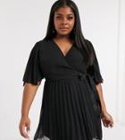Asos Design Curve Exclusive Mini Dress With Kimono Sleeve And Tie Waist In Pleat-black