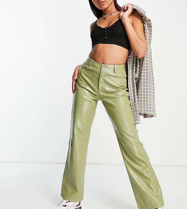 Collusion 90s Croc Effect Faux Leather Straight Leg Cargo Pants In Sage Green