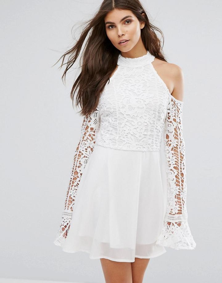Club L Cut Out Shoulder Lace Detail Skater Dress - White