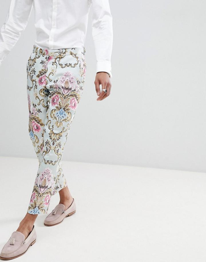 Asos Edition Wedding Skinny Crop Suit Trousers In Pastel Floral Jacquard - Blue