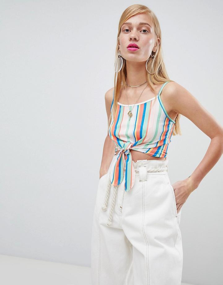 New Look Rainbow Stripe Tie Front Top - Multi
