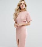 Asos Petite Smart Woven Midi Dress With V Back And Split Front - Pink