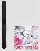 Asos Black Slim Tie With Pink Floral Pocket Square - Black
