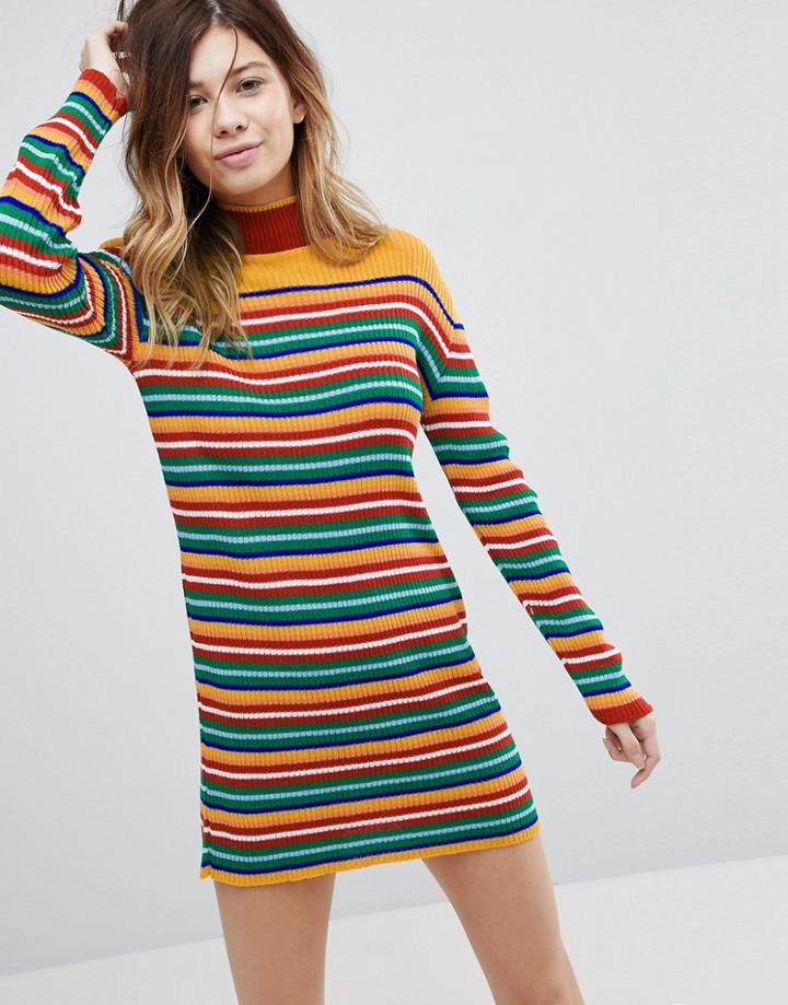 Rokoko Turtleneck Long Sleeve Knitted Mini Dress In 70s Stripe - Multi