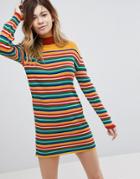 Rokoko Turtleneck Long Sleeve Knitted Mini Dress In 70s Stripe - Multi