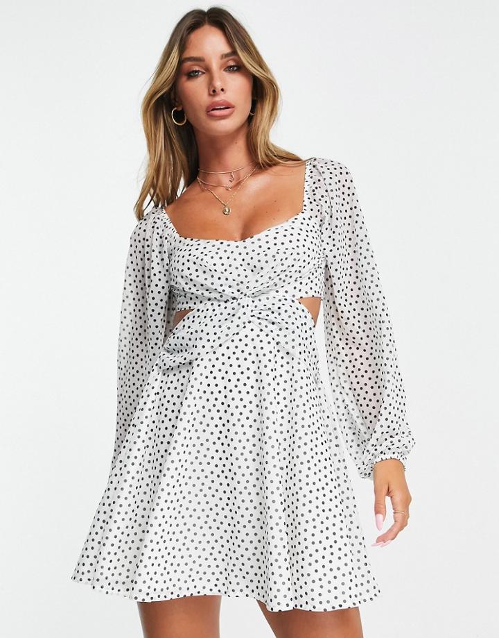 Asos Design Long Sleeve Cut Out Mini Dress In White Polka Dot-multi