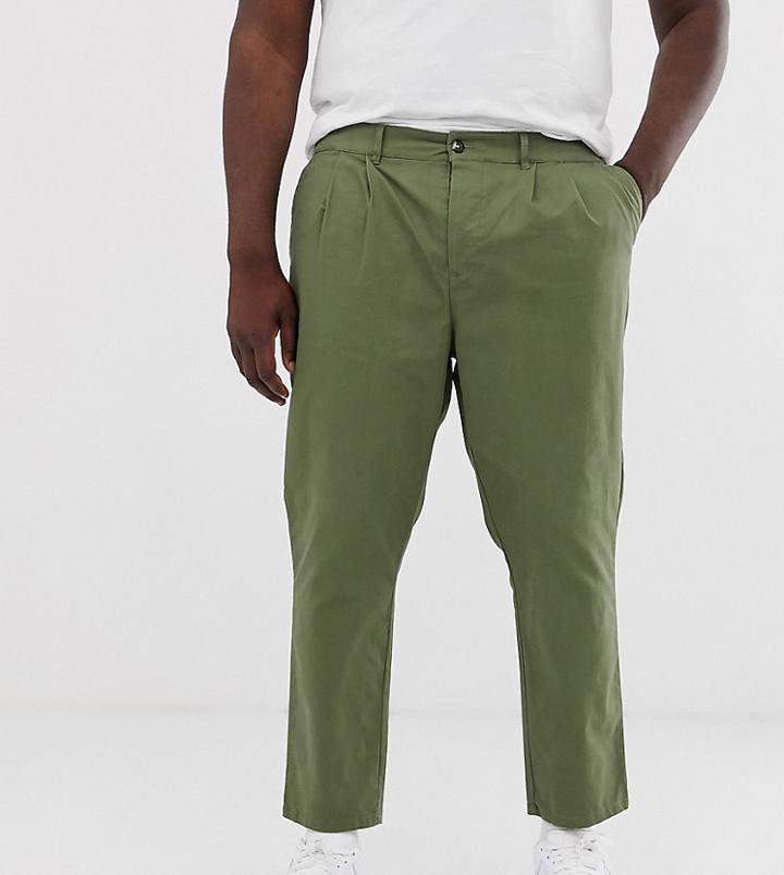 Asos Design Plus Cigarette Chinos With Pleats In Khaki-green