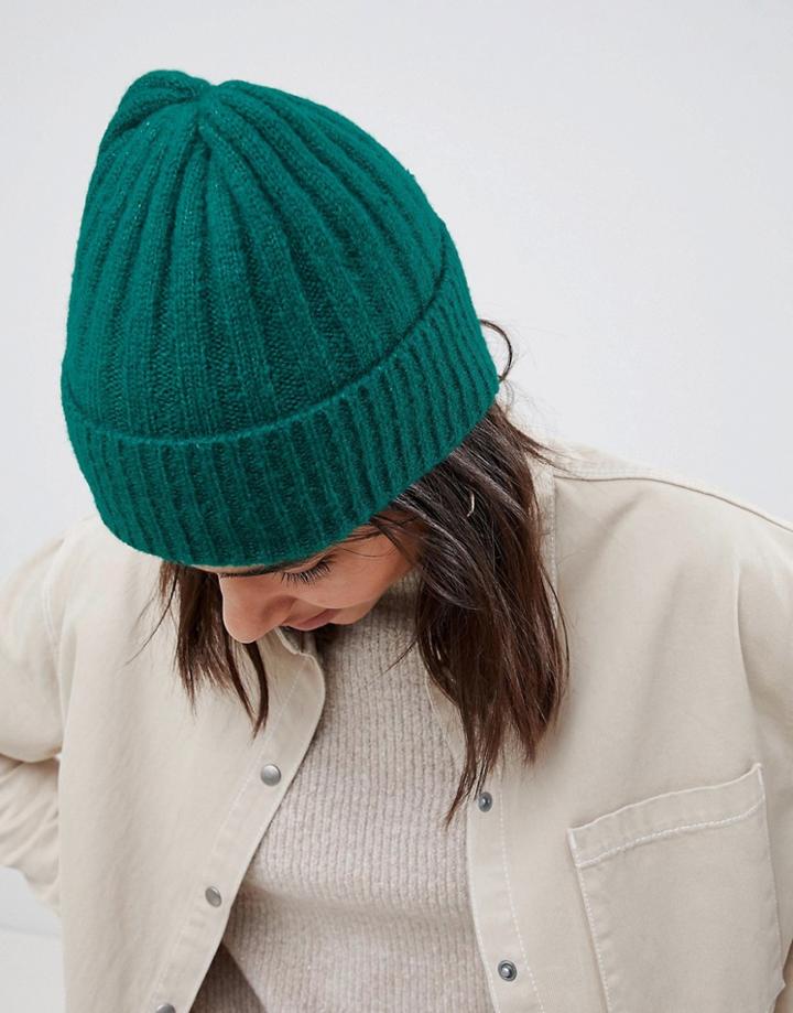 Asos Design Rib Turn Up Beanie Green - Green