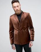 Asos Skinny Double Breasted Blazer In Bronze Velvet - Brown
