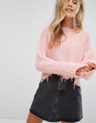 Bershka Frayed Cable Knitted Sweater - Pink