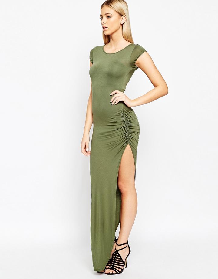 Club L Essentials Jersey Maxi Dress With Side Split And Ruching Detail - Khaki