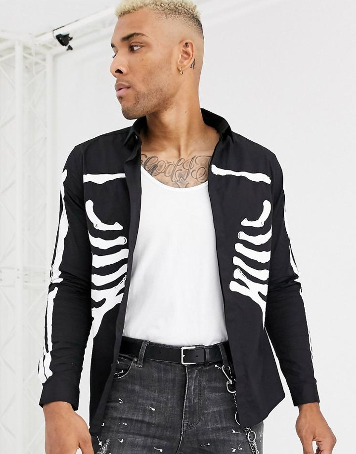 Asos Design Halloween Skinny Skeleton Rib Cage Printed Shirt In Black