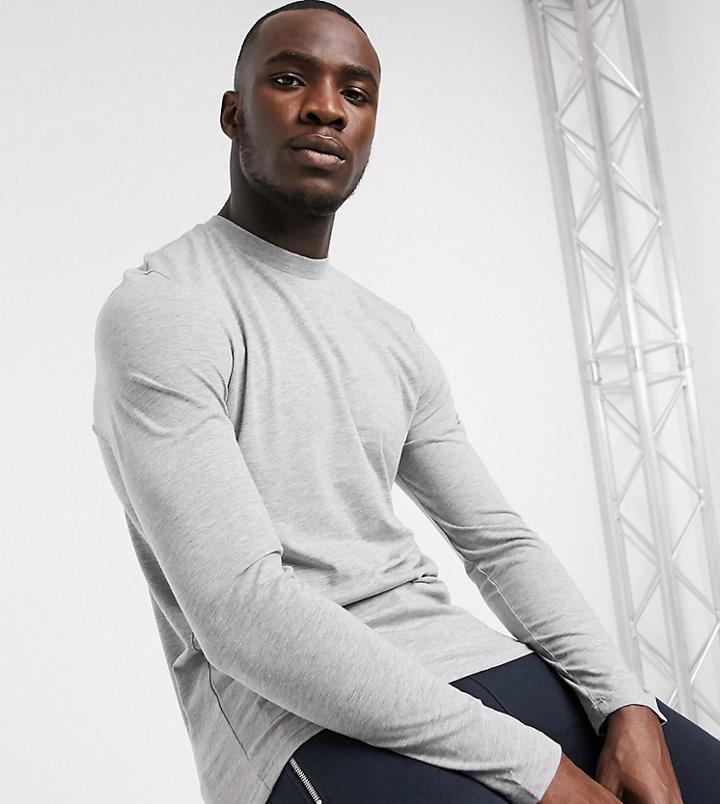 Asos Design Tall Long Sleeve T-shirt With Crew Neck In Gray Marl-grey