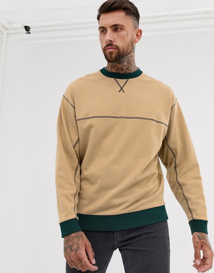 Asos Design Oversized Sweatshirt With High Neck And Contrast Ribs In Beige - Beige