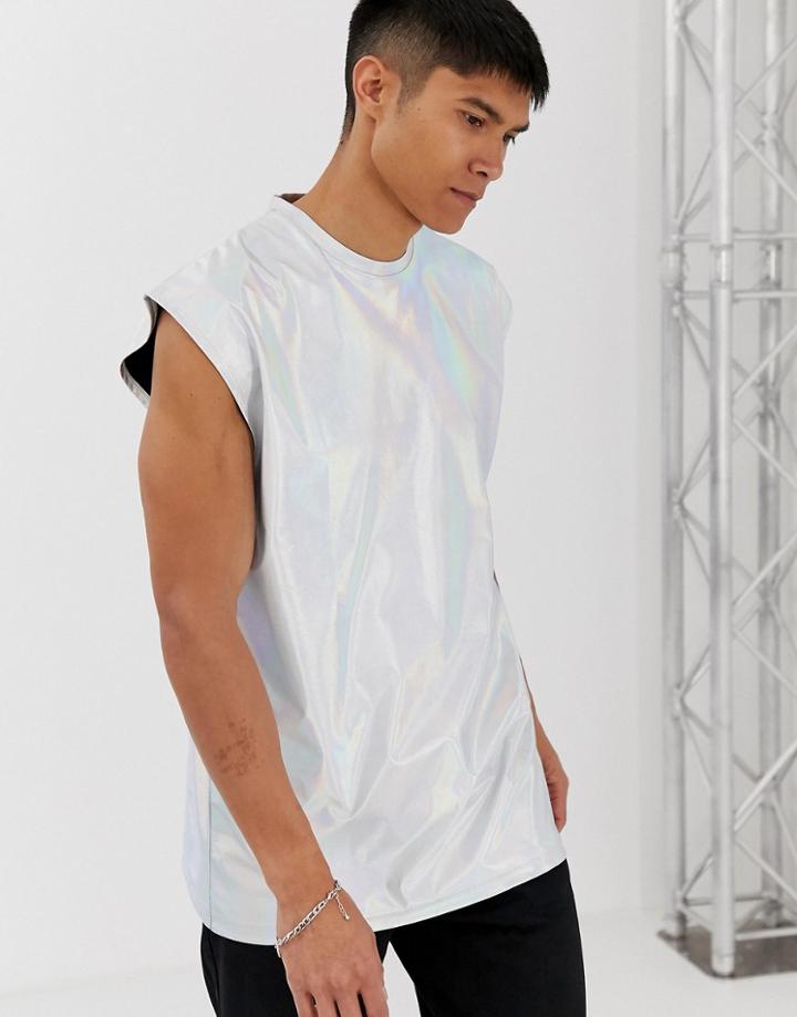 Asos Design Oversized Sleevless T-shirt In Iridescent Metallic-silver