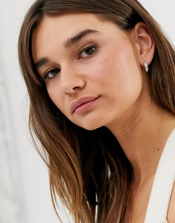 Asos Design Small Hoop Earrings With Crystal In Silver Tone - Silver