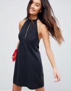 Asos Design Denim Halter Neck Mini Dress In Washed Black - Black