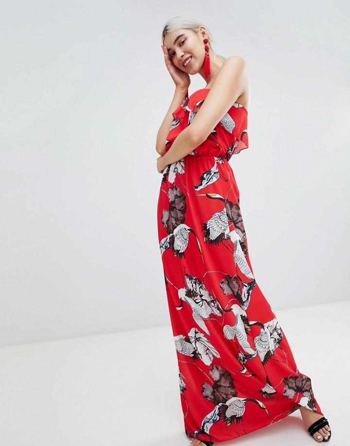 Prettylittlething Bird Print Maxi Dress - Red