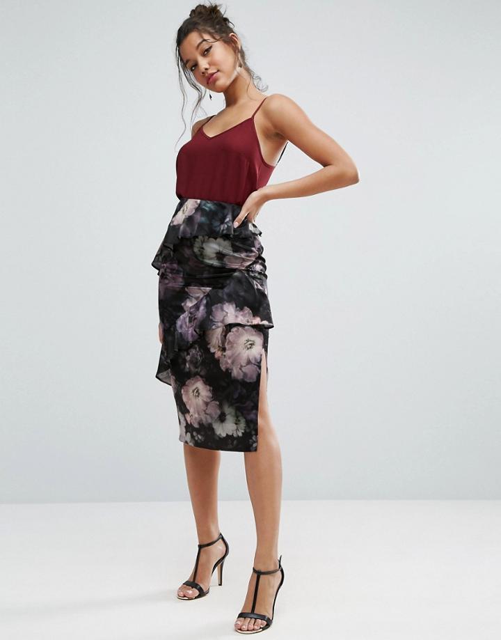 Asos Printed Floral Satin Skirt With Asymmetric Ruffle - Multi