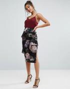 Asos Printed Floral Satin Skirt With Asymmetric Ruffle - Multi