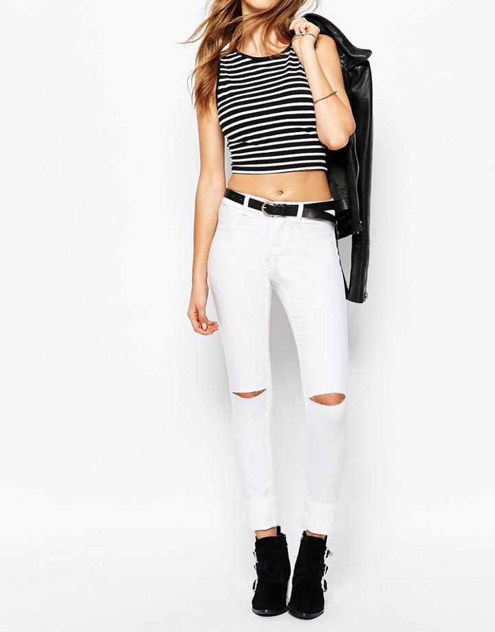 Noisy May Devil Skinny Jeans With Ripped Knees - White