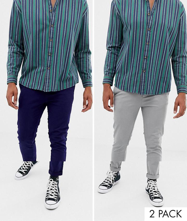 Asos Design 2 Pack Skinny Chinos In Deep Blue & Light Gray Save - Multi