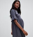 Asos Design Maternity Cotton Slubby Frill Sleeve Smock Dress - Gray