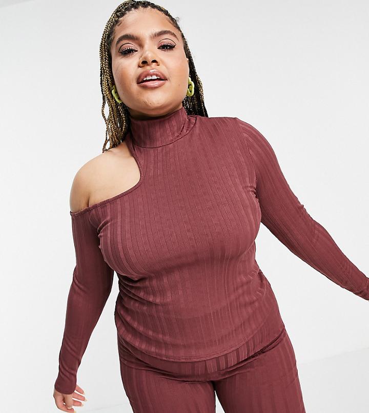 Asos Design Curve Coordinating Ribbed Long Sleeve Top With Asymmetric Cut-out Shoulder-orange