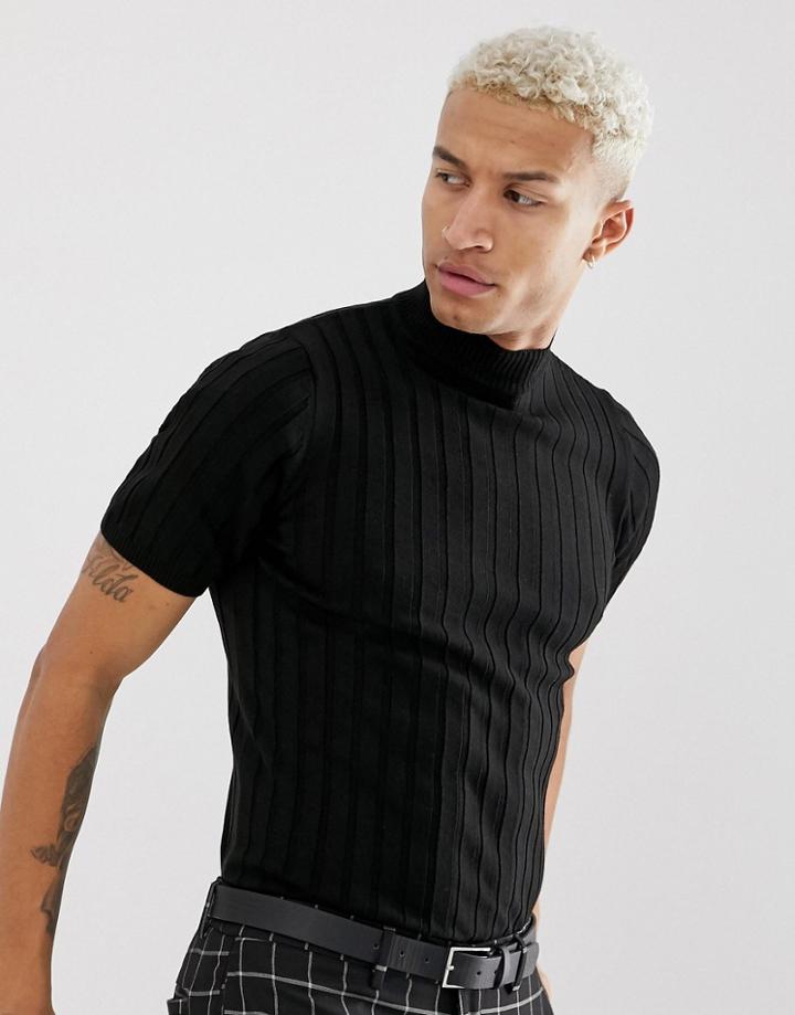Asos Design Knitted Ribbed Turtle T-shirt In Black - Black