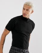 Asos Design Knitted Ribbed Turtle T-shirt In Black - Black