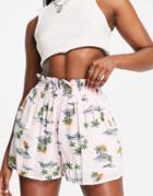 Topshop Paperbag Waist Shorts In Tropical Print-multi