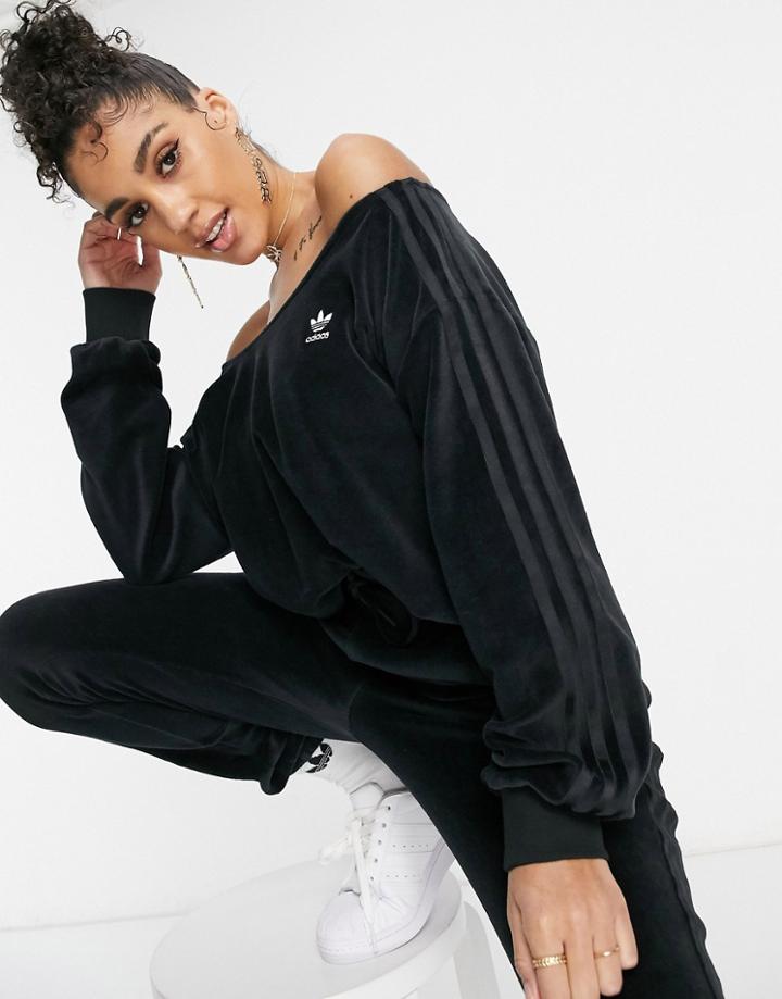 Adidas Originals 'relaxed Risqu ' Velour Off The Shoulder Sweatshirt In Black