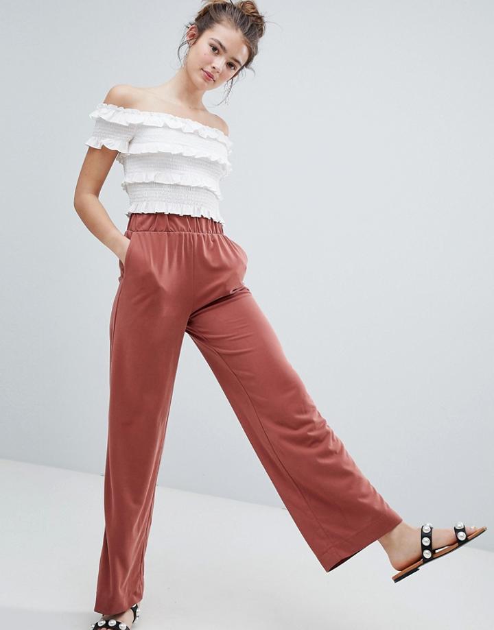 Monki Super Soft Wide Leg Trousers In Rusty Orange - Brown