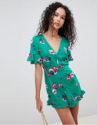 Influence Floral Print Romper With Ruffle Shorts - Green