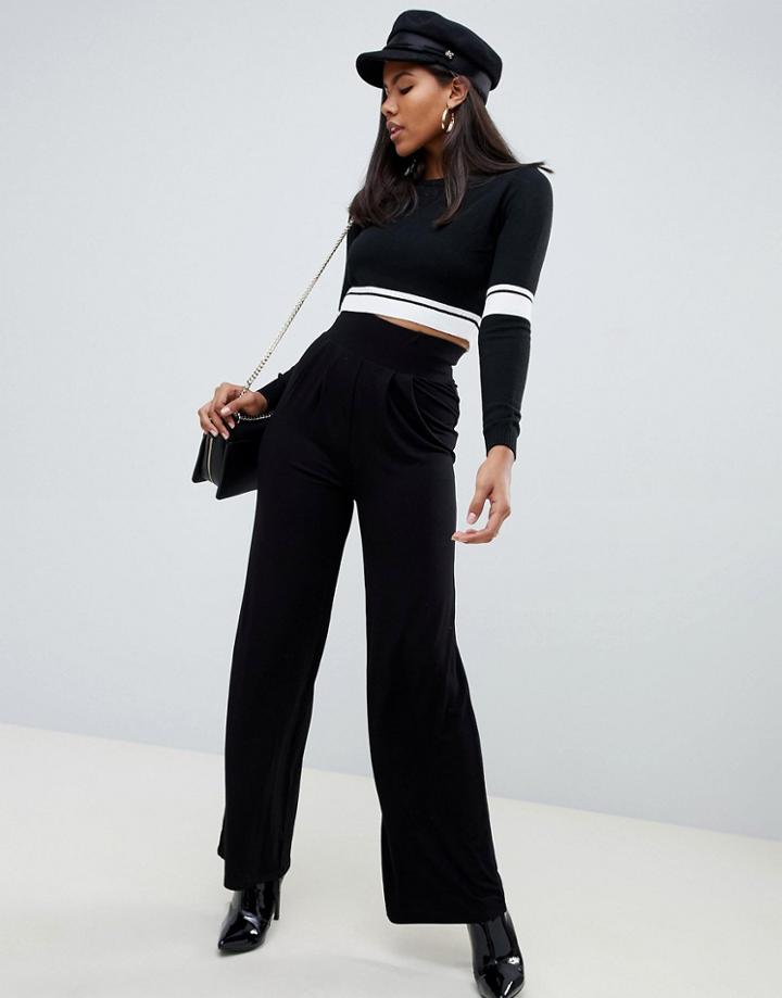 Asos Design Wide Leg Pants With Deep Waistband - Black