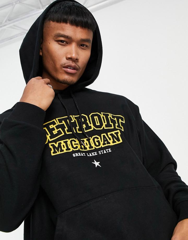 Asos Design Oversized Hoodie In Black Fleece With Detroit City Embroidery