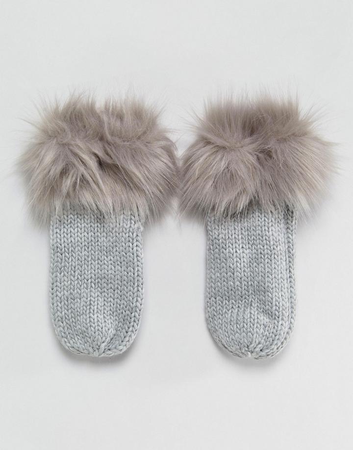 Urbancode Faux Fur Trim Chunky Knitted Mittens - Gray