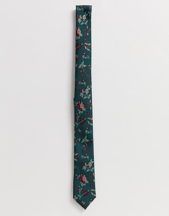 Asos Design Slim Tie In Floral Print In Green - Green