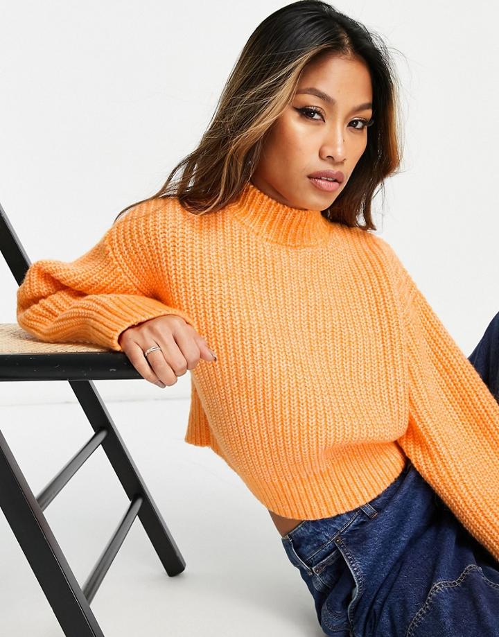 Bershka High Neck Chunky Knit Sweater In Bright Orange