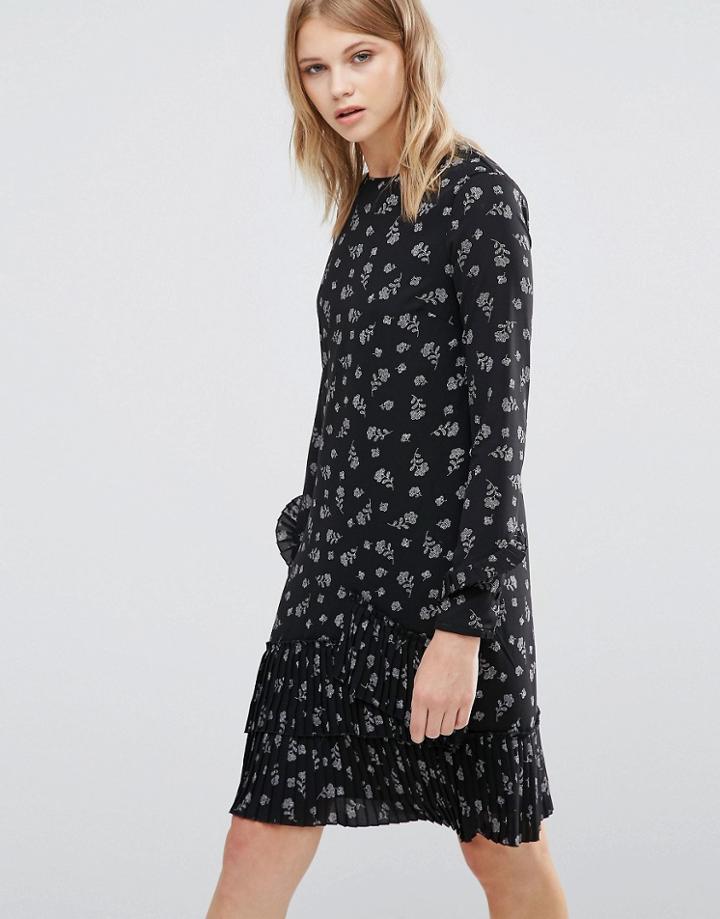 Warehouse Dotty Floral Print Pleated Hem Shift Dress - Black
