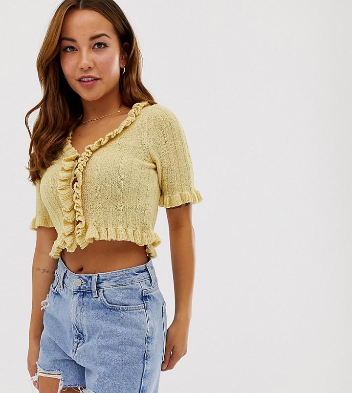 Asos Design Petite Cropped Cardigan With Ruffle Edges - Yellow