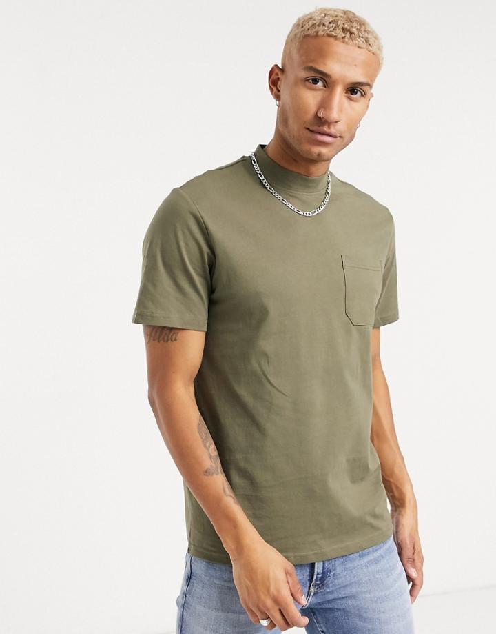 Only & Sons High Neck T-shirt With Pocket In Green